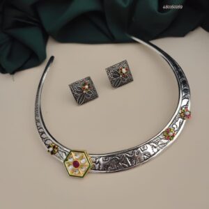 VRUSHALI Oxidised Hasli Necklace Earrings Set