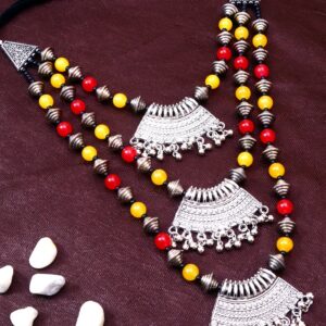 Womens Ethereal Oxidised Silver Layered Necklace with Red & Yellow Pearls - Perfect for Saree Attire