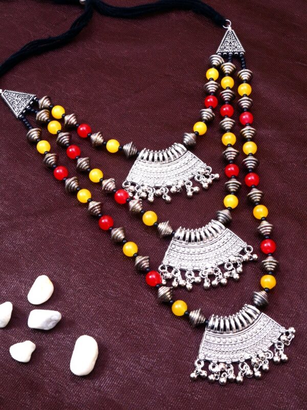 Womens Ethereal Oxidised Silver Layered Necklace with Red & Yellow Pearls - Perfect for Saree Attire