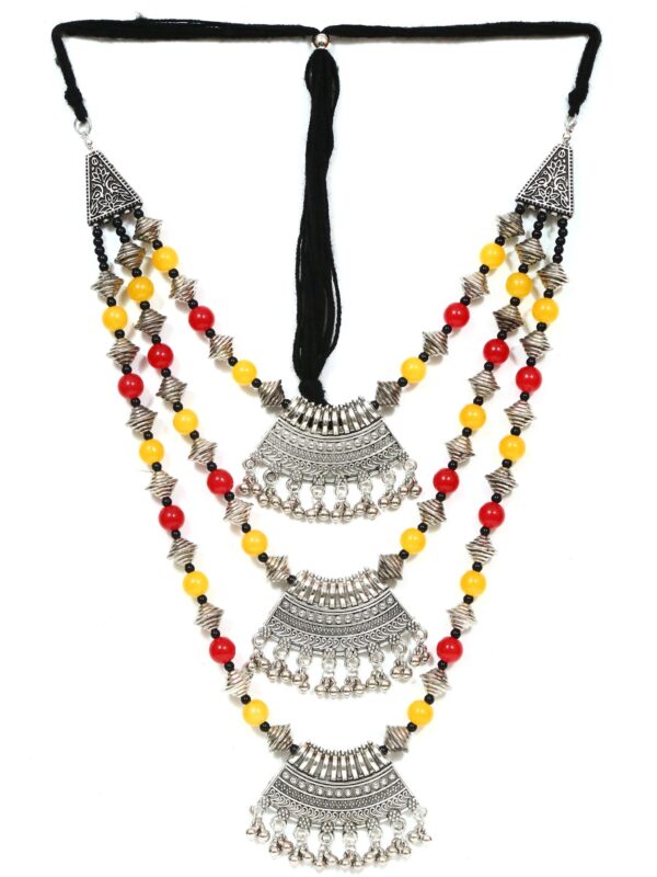 Womens Ethereal Oxidised Silver Layered Necklace with Red & Yellow Pearls - Perfect for Saree Attire - Image 2