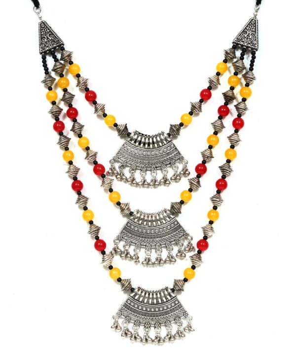 Womens Ethereal Oxidised Silver Layered Necklace with Red & Yellow Pearls - Perfect for Saree Attire - Image 3