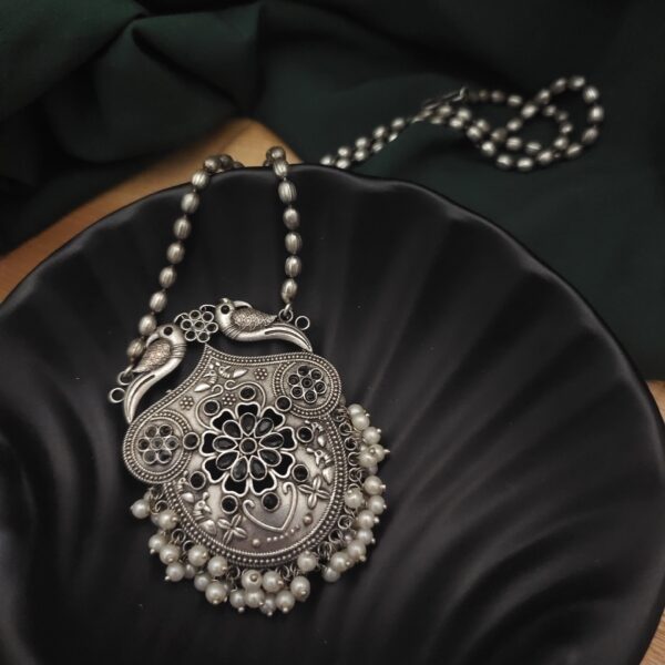 Yashsvi Silver Replica Brass Necklace Earrings Set-Black - Image 2
