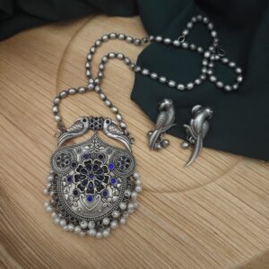 Yashsvi Silver Replica Brass Necklace Earrings Set-Blue
