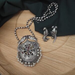 Yashsvi Silver Replica Brass Necklace Earrings Set-Multi