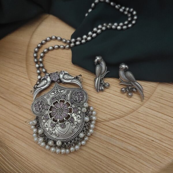 Yashsvi Silver Replica Brass Necklace Earrings Set-Pink